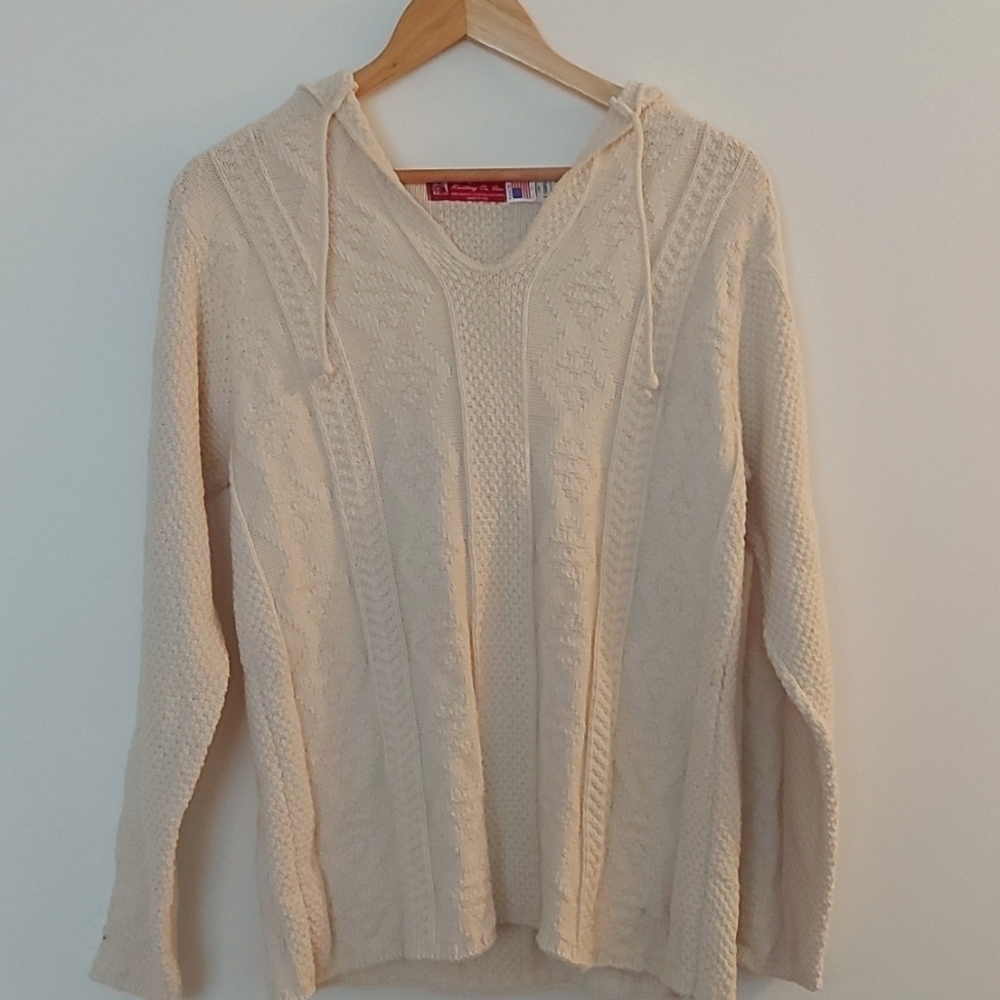 Vintage Binghamton Knitting Co. Aran Knit Hooded Sweater Oversized 100% Cotton